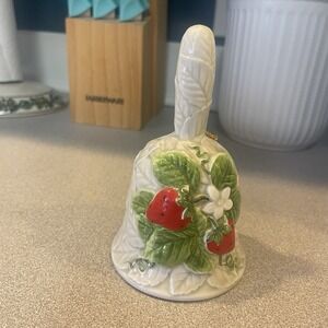 Vintage Porcelain Bell With Strawberries & Blossoms White Leaf Design Japan